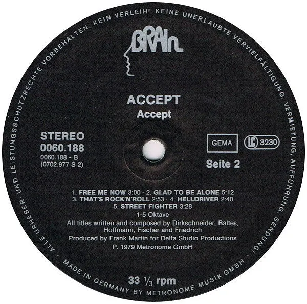 Accept Accept LP vinylplate repress Brain svart label