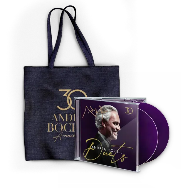 Andrea Bocelli Duets 30th Anniversary signert 2CD tote bag