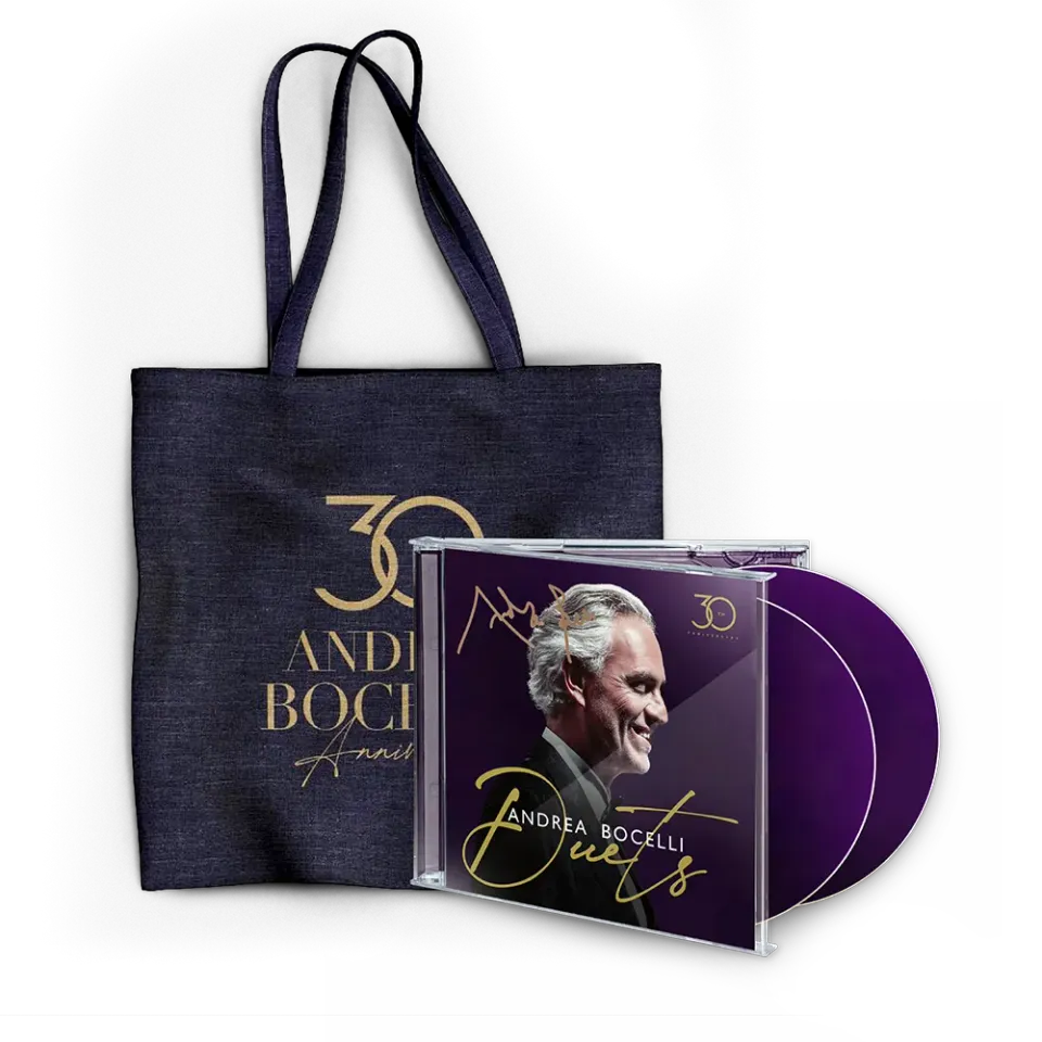 Andrea Bocelli Duets 30th Anniversary signert 2CD tote bag