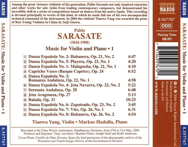 Sarasate Yang Hadulla Spanish Dances CD brukt romantisk