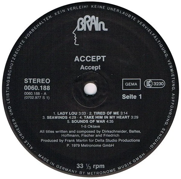 Accept Accept LP vinylplate repress Brain svart label