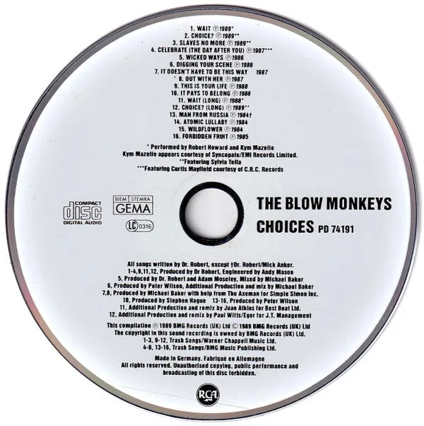 The Blow Monkeys Choices Singles Collection CD brukt 1989 synth-pop