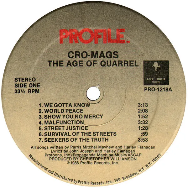 Cro-Mags The Age Of Quarrel LP vinyl brukt 1986 hardcore