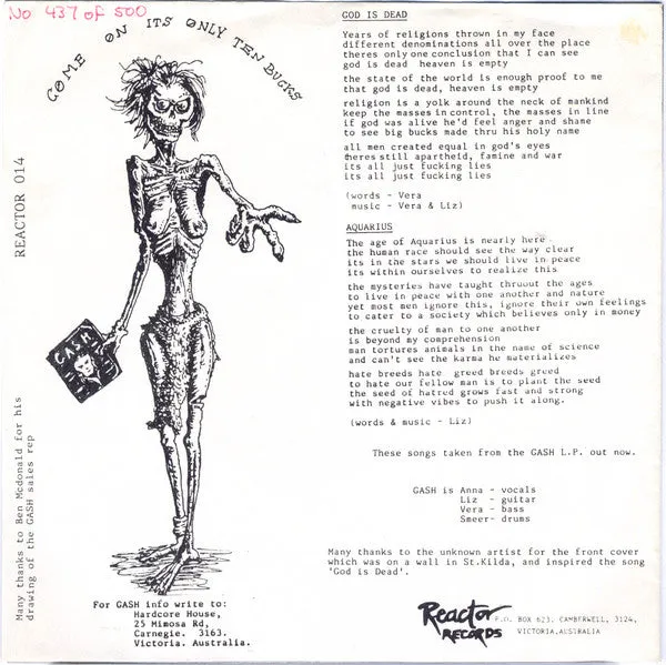 Gash God Is Dead REACTOR 014 7" vinyl nummerert hardcore