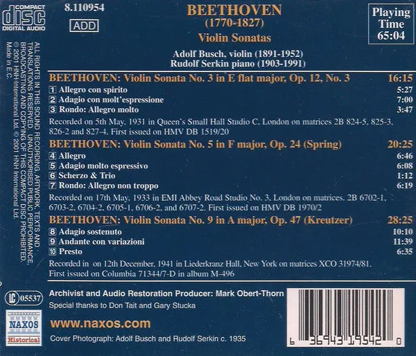Beethoven Busch Serkin Violin Sonatas CD historisk