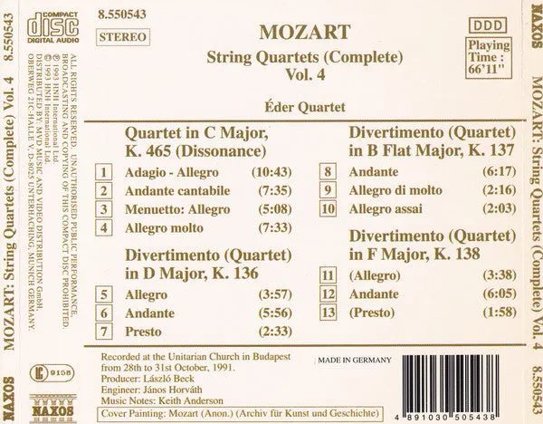 Mozart Éder Quartet Strykekvartetter Vol.4 CD brukt