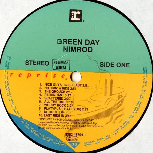 Green Day Nimrod LP vinyl brukt tysk pressing