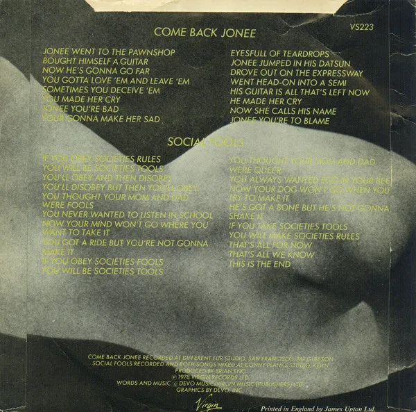 Devo Come Back Jonee 7" singel grå vinyl brukt