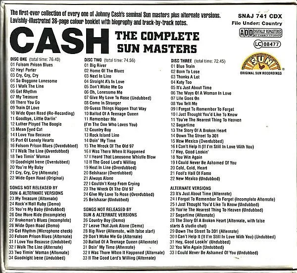 Johnny Cash Complete Sun Masters CD-boks 3CD brukt country