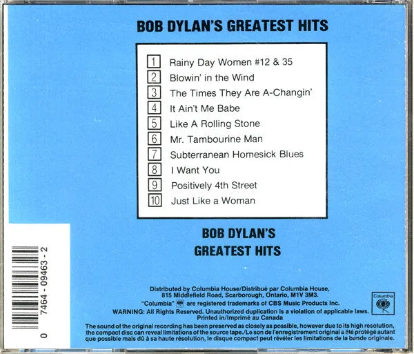 Bob Dylan Greatest Hits CD brukt samleplate Canada