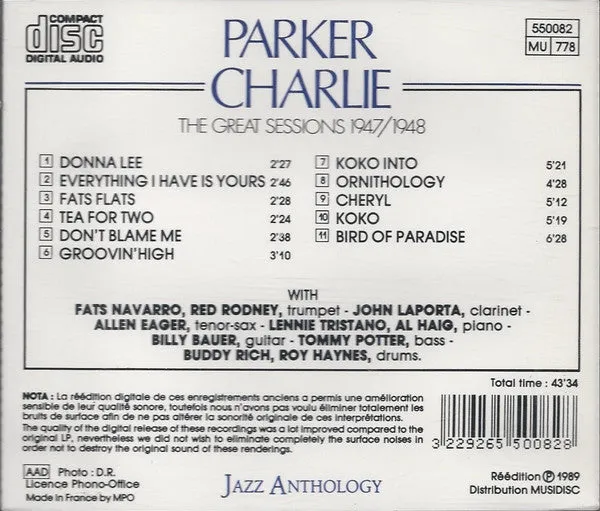 Charlie Parker The Great Sessions CD brukt mono